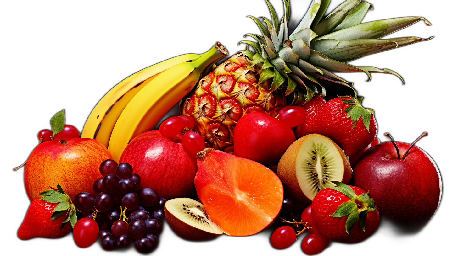 Fruit still life, red apples and bananas, pineapples, grapes, and oranges on a black background, in the style of high definition photography.