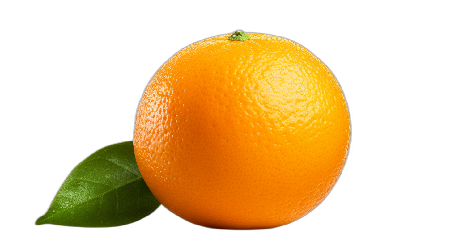 A vibrant orange with its leaves perfectly isolated on a black background, perfect for creating eye-catching designs or packaging visuals. The high-resolution photograph captures the bright color and texture of a juicy fruit. in the style of by an artist.