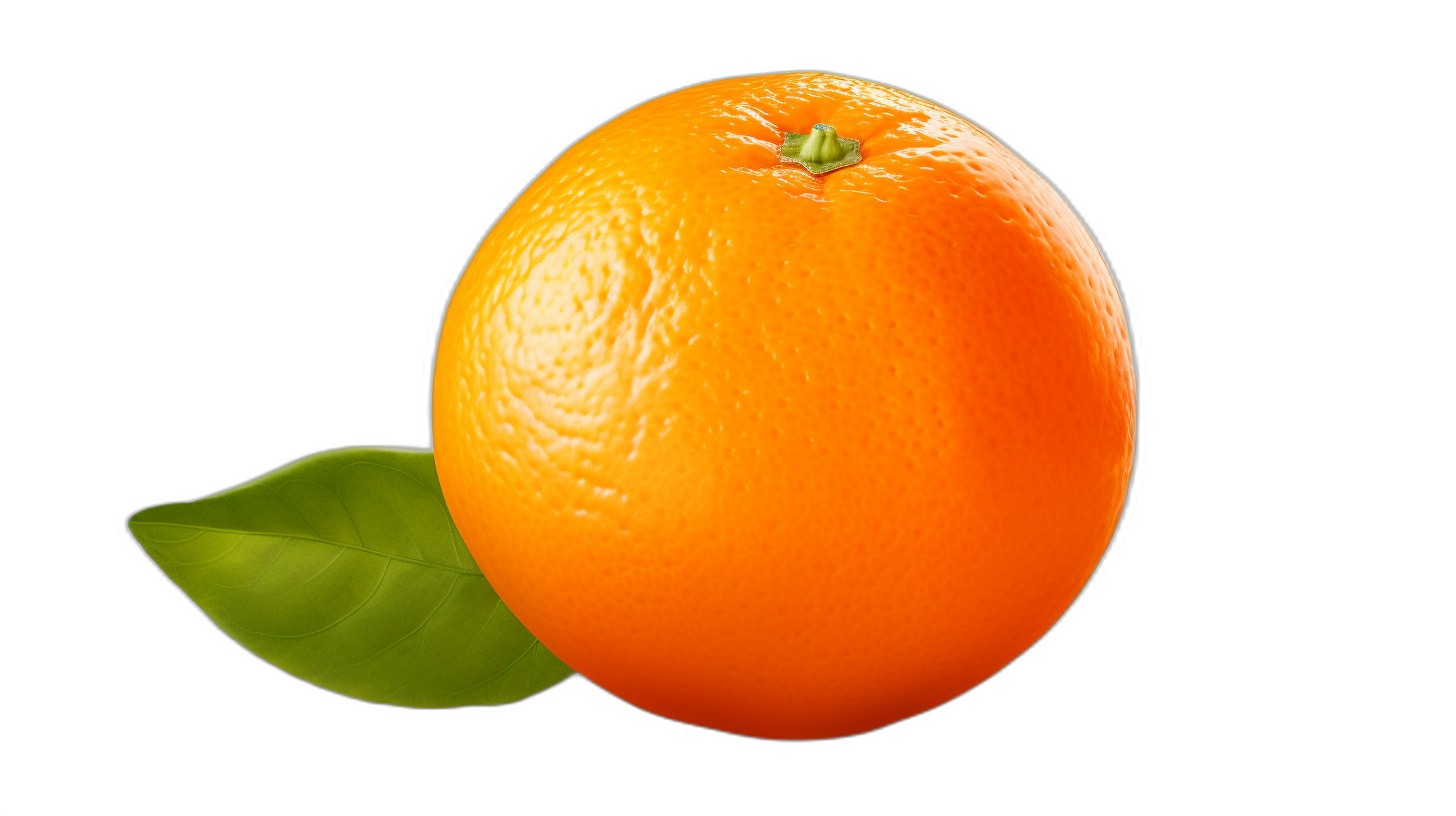 Photo of A single orange with leaf on black background, realistic rendering of an fresh fruit