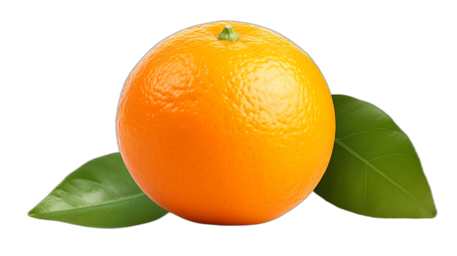 A realistic orange with green leaves on the side, on a black background, in the style of high resolution photography, stock photo, high quality, high details, sharp focus, high definition.