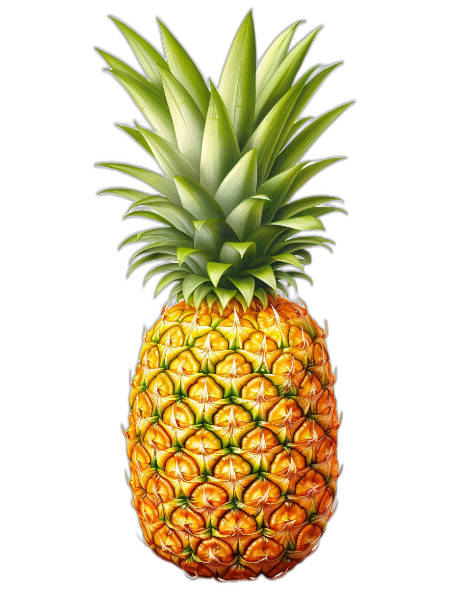 Realistic illustration of pineapple, vibrant colors, high resolution, ultra details, black background, no shadows