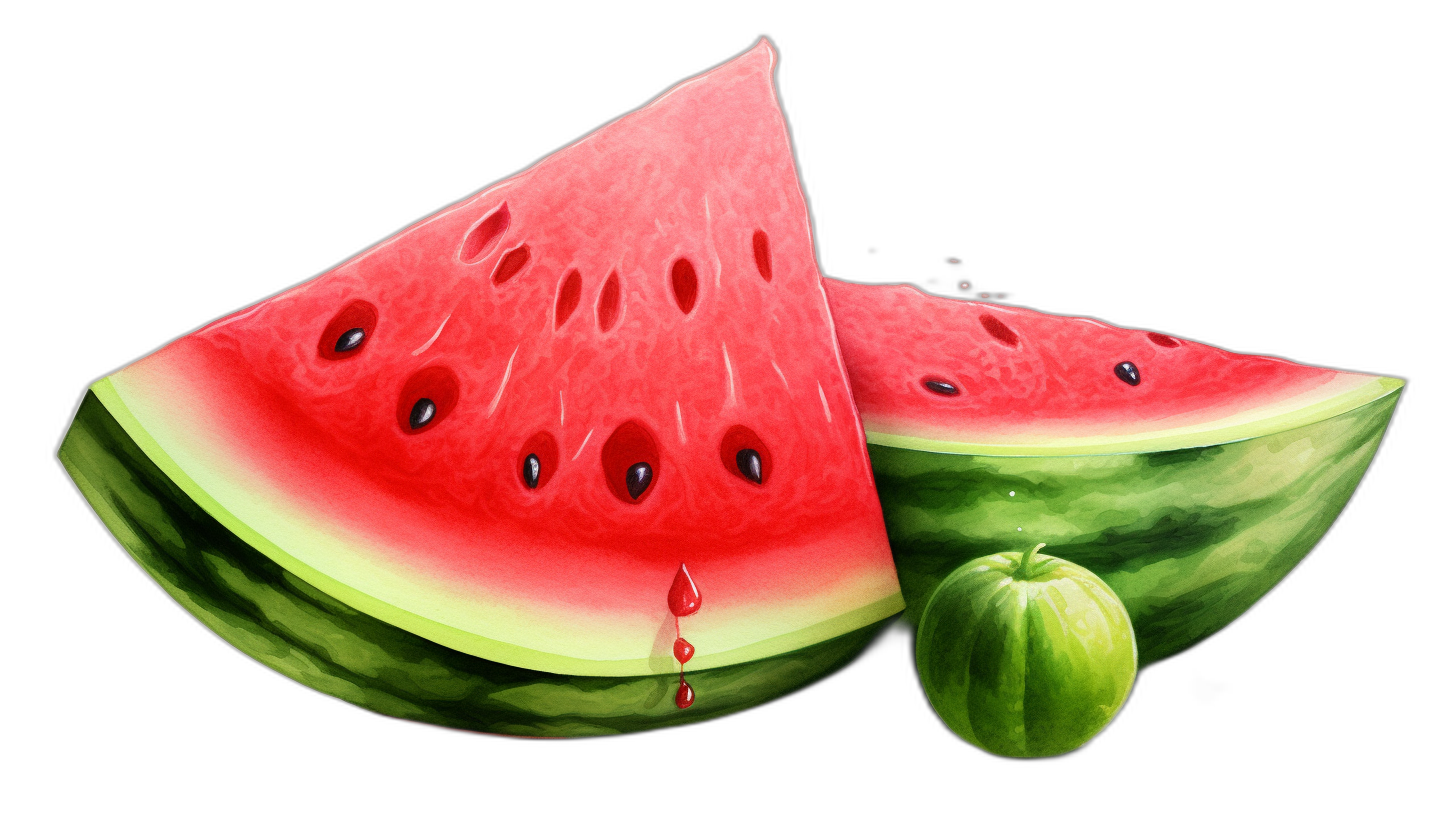 Watermelon slice and watermellon, realistic detailed oil painting illustration isolated on black background