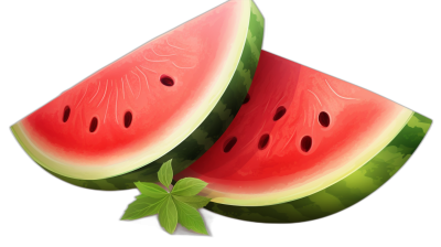 Watermelon Slices. Cute cartoon illustration style, vector illustrations on a black background. The two watermelons are cut into slices with clear details and textures. They have green leaves at the bottom of their lower parts. There is no shadow effect from the front view, side angle view, or closeup perspective, and the colors are bright. A bright red color tone highlights the summer fruit theme. High resolution, high quality. It was created using Adobe Illustrator software, using digital painting techniques to create realistic and vivid images in the style of digital painting.