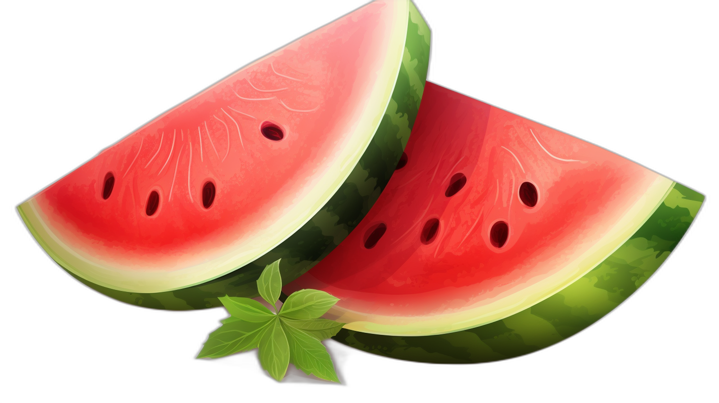 Watermelon Slices. Cute cartoon illustration style, vector illustrations on a black background. The two watermelons are cut into slices with clear details and textures. They have green leaves at the bottom of their lower parts. There is no shadow effect from the front view, side angle view, or closeup perspective, and the colors are bright. A bright red color tone highlights the summer fruit theme. High resolution, high quality. It was created using Adobe Illustrator software, using digital painting techniques to create realistic and vivid images in the style of digital painting.