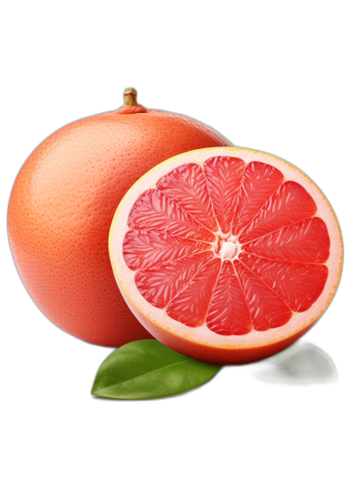 A cut grapefruit with the pulp facing upwards, set against a black background. The vibrant red fruit has glossy skin texture. A leaf rests on one side to add depth and detail. There is no shadow or lighting effect, just flat lighting that highlights every part of its surface. This image captures the beauty and freshness of fresh grapefruits in the style of minimal editing.