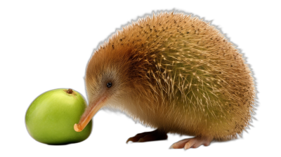 a cute little kiwi bird eating an apple, isolated on black background, hyper realistic photography