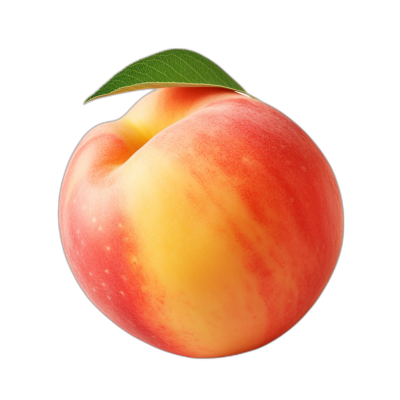 A whole peach with leaves on the top, isolated black background, high resolution photography, realistic and hyperdetailed renderings, stock photo, professional color grading, clean sharp focus