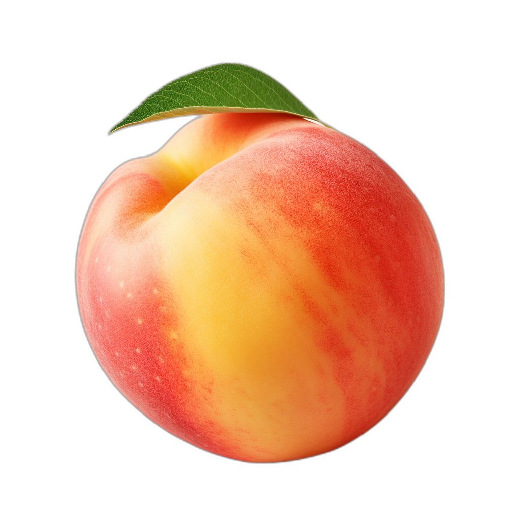 A whole peach with leaves on the top, isolated black background, high resolution photography, realistic and hyperdetailed renderings, stock photo, professional color grading, clean sharp focus