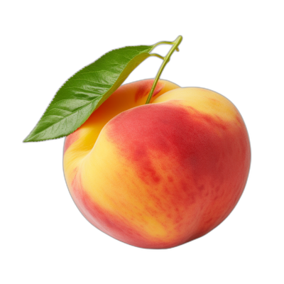 A whole peach with leaves on the top, floating in space, isolated black background, closeup, high resolution photography, super realistic photorealistic, stock photo, high quality