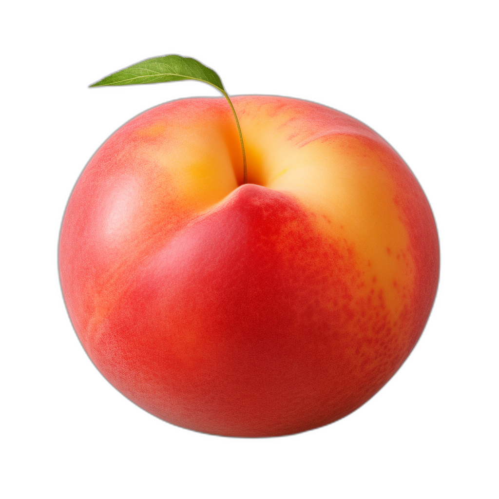 A fresh and juicy peach with a single leaf on top, isolated against a black background. A high resolution, photo realistic image in the style of no particular artist.