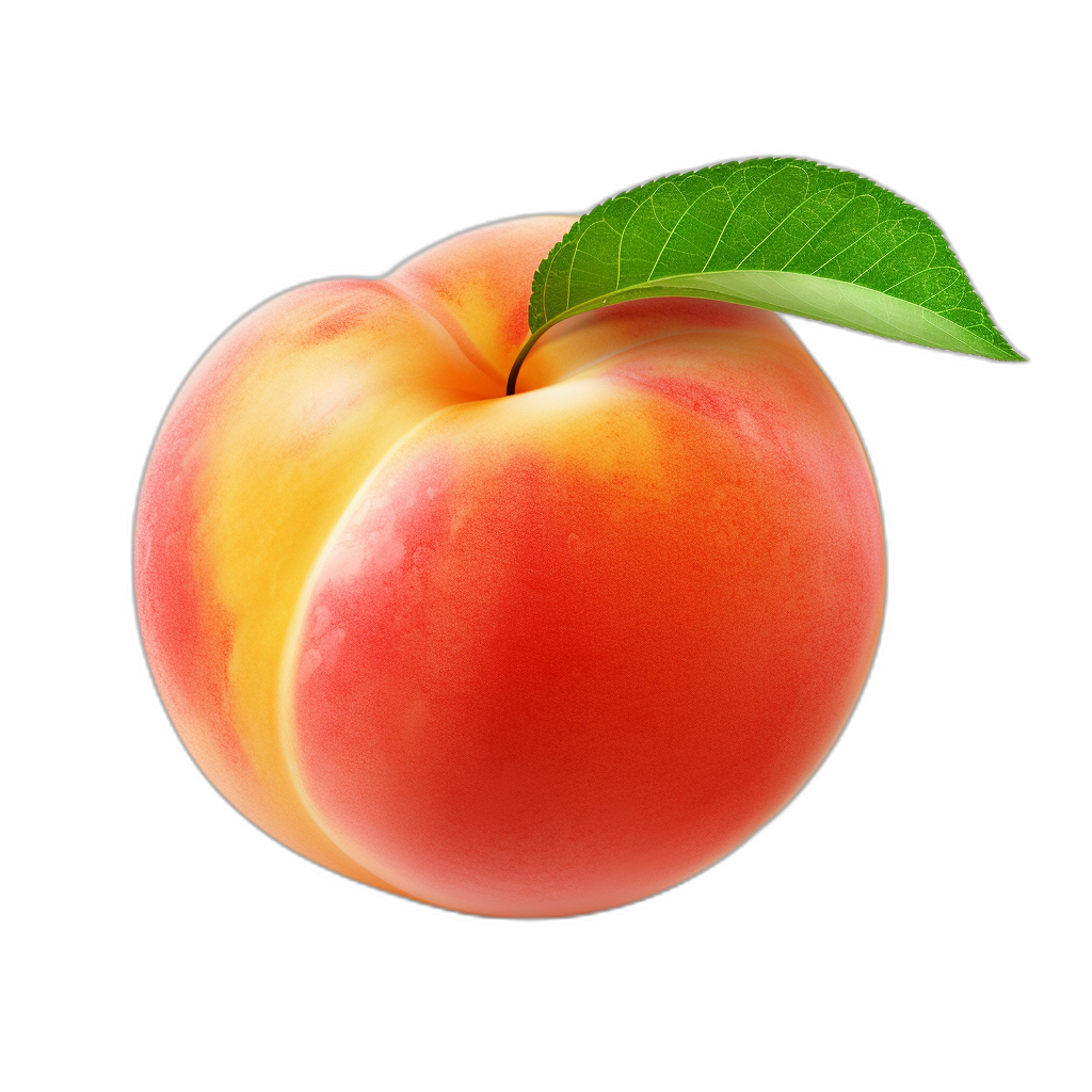 Peach, fruit icon design with leaf on black background, realistic photo, high resolution, professional photograph, higly detailed and sharp focus, no contrast