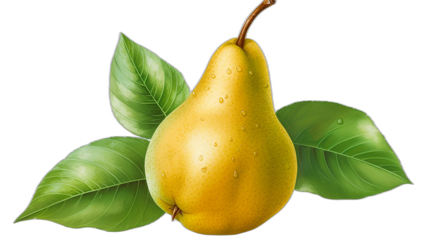 A realistic illustration of yellow pear with green leaves, vector art style on black background, high resolution, high quality, high detail, digital painting, natural lighting, soft light, natural color range, vibrant colors, hyperrealistic, hyperdetailed, hyperphotorealism, hyperfine details, high contrast, sharp focus, no blur, water drops, water droplets, water splashes, water spray, water drops, waterdrops