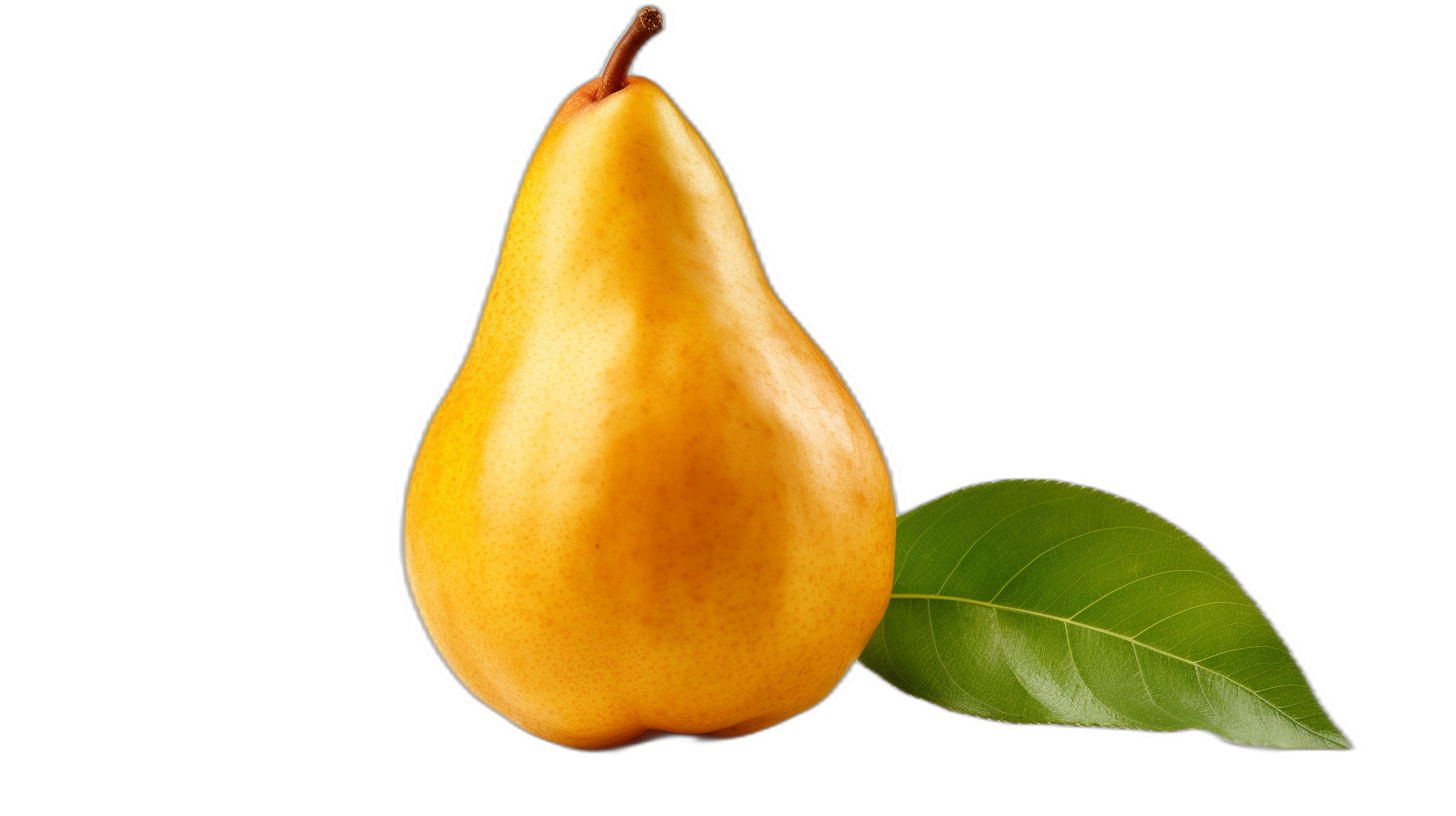 One yellow pear with a leaf isolated on a black background, in the ultra realistic photographic style.