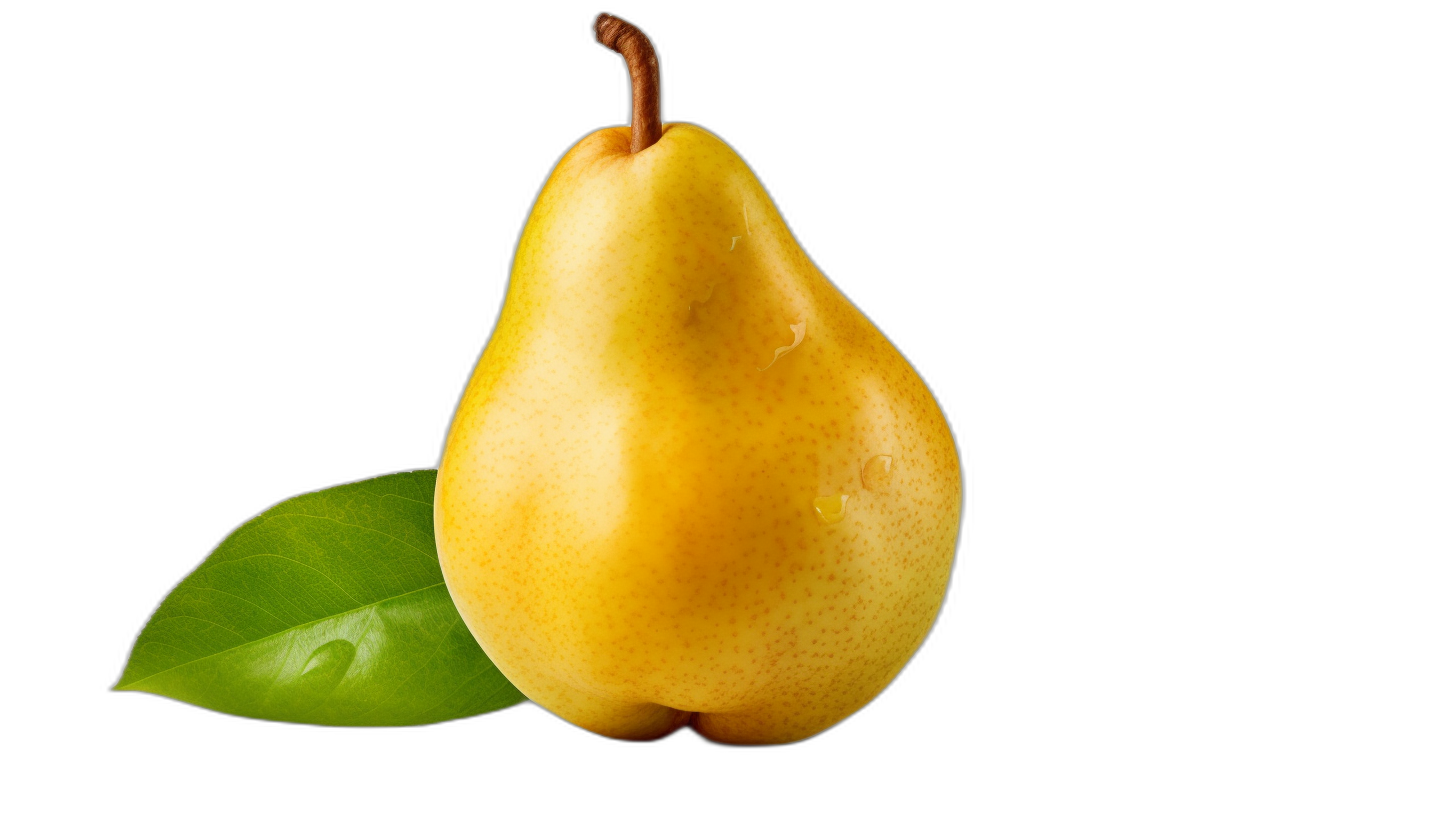 One yellow pear with a leaf isolated on a black background, in the ultra realistic photographic style.