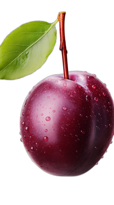 A fresh plum with water droplets on it, black background, high definition photography, ultra clear details, high resolution, ultra wide angle, hyperrealistic, ultrahighdefinition, highquality images, and a large plums hanging from the top left corner of an apple leaf.