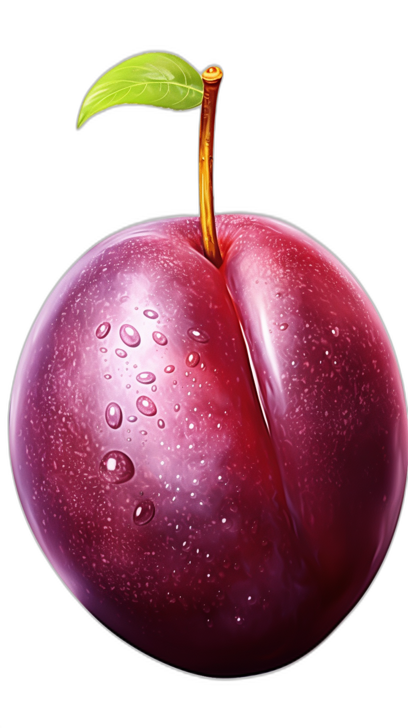 A realistic plum, vector illustration with black background. The whole body of the apple is visible and detailed. It has a glossy texture and looks very delicious. There’s water droplets on it. A green leaf sticks out from under one side of its stem.