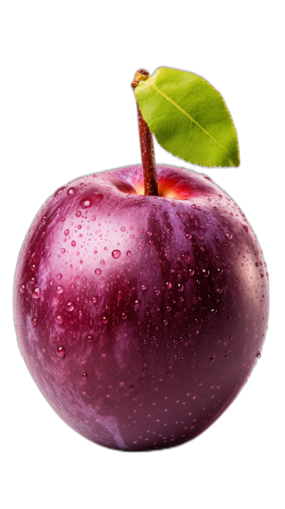 One plum, a shiny purple apple with water droplets on it, a green leaf, a black background, a high resolution photography, a super realistic photo in the style of hyperrealistic, a full body shot