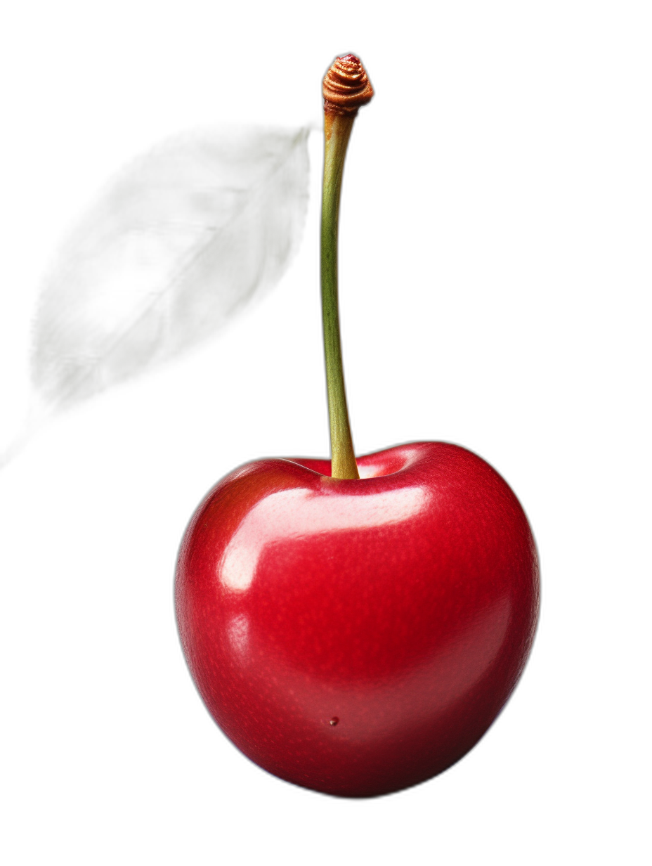 A single cherry with stem and leaf floating in the air against a black background, presented in a photorealistic, macro photography style with high resolution and very detailed studio lighting. The colorful, beautiful fruit still life looks delicious and fresh with its juicy red color and cherry core.