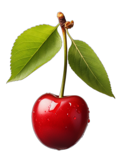 A single cherry with water droplets on it, with green leaves hanging from the stem of one side and a black background. The image is captured in high resolution and made using photography techniques to highlight every detail of both the fruit's texture and color. This is an isolated object, so no other elements should be present behind or around the cherries. Isolated over white background, minimalistic style, macro shot, hyper realistic, super detailed