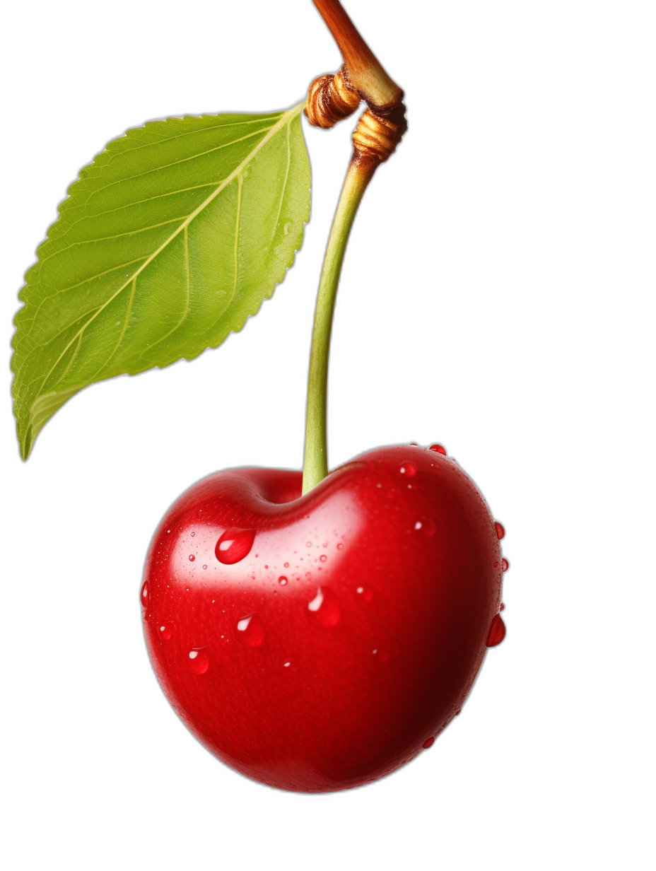 A single cherry with water droplets on it, hanging from the stem of its leaf, isolated against a black background. The red fruit is glossy and vibrant, with a round shape and sharp edges. A green leaf sits at one end, adding contrast to the scene. This design would be suitable for advertising or packaging use, depicted in the style of a minimalist artist.