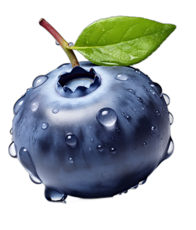 A hyperrealistic photo of an isolated blueberry with water droplets on it, against black background, in the shape of apple, with leaf and stem, vibrant colors, high resolution, with focus on texture details.