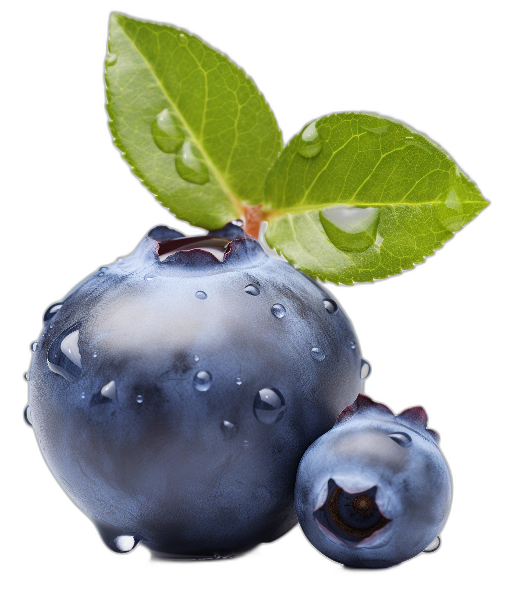 One large and one small blueberry with water droplets on the leaves, isolated against a black background. The image is a high resolution photograph captured in the style of macro lens photography, showing realistic and detailed imagery.