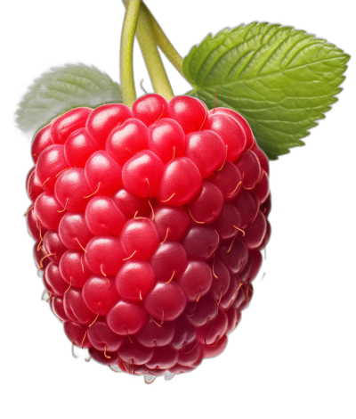 A photorealistic closeup of an elegant raspberry, with its bright red color and glossy texture, set against the stark black background in adobe illustrator. The green leaf adds contrast to the scene, highlighting every small detail in high resolution. This is suitable for use as advertising material or packaging design element in the style of adobe illustrator.