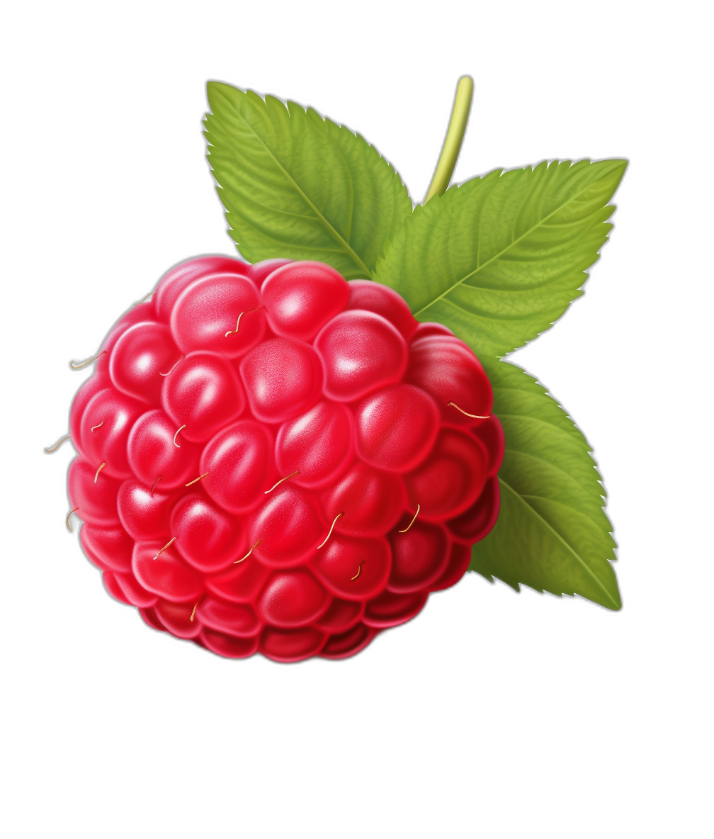 illustration of raspberry, on black background, digital art with hyper realistic details