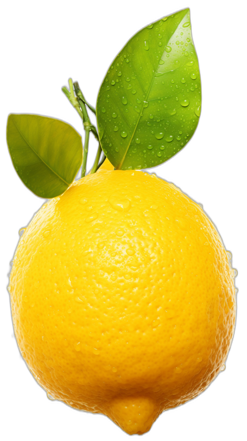 lemon with leaf, hyper realistic photography, black background, in the style of hd