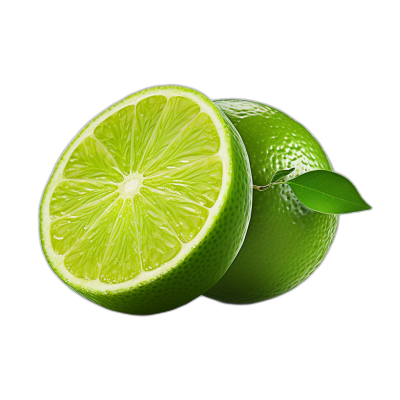 A realistic advertising shot of a whole lime and half of it, realistic photo, clean black background, green color, side view, 35mm lens, natural lighting, uplight, high resolution, very detailed, in the style of natural lighting.