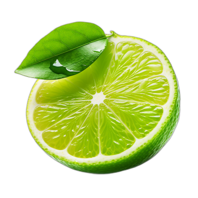 Lime with leaf, isolated on a black background, in a high resolution photographic style.