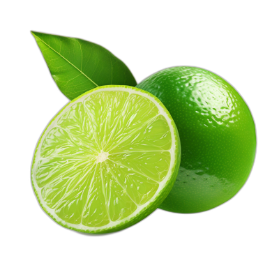 Lime, whole and sliced with leaves isolated on black background cutout look, in the style of ultra realistic photography