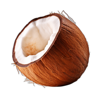 a realistic photo of an open coconut, isolated on black background, high resolution photography