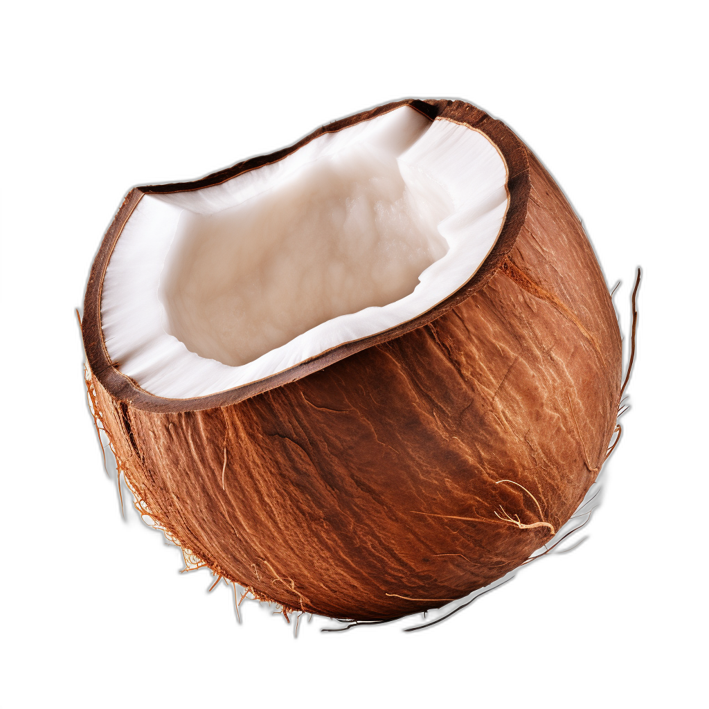 Coconut cut in half isolated on a black background, in a high resolution photographic style, with insane details.