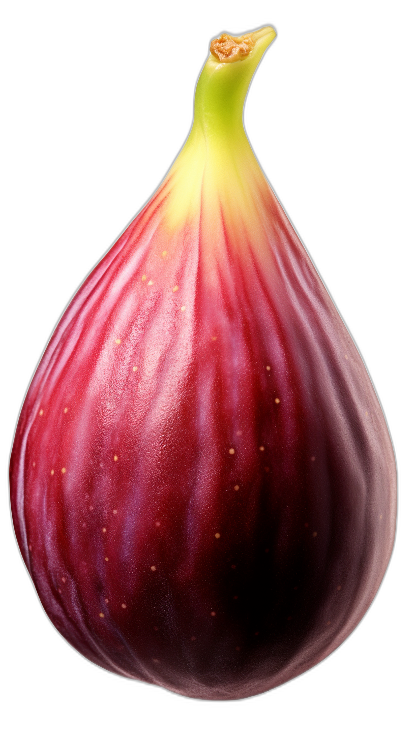 A realistic photograph of an entire fig, high resolution, isolated on a black background, with high contrast, highly detailed, bright studio lighting without shadows, straight view with no reflections, professional photography using a macro lens and HDR techniques, of high quality.