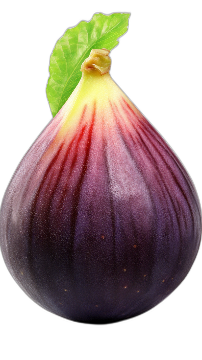 A purple fig with green leaves, isolated on a black background, in the style of high resolution photography.