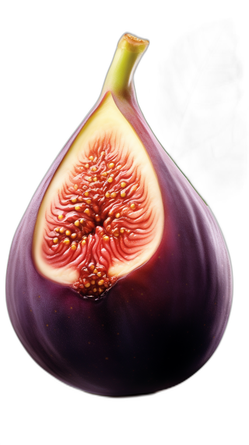 A hyperrealistic photo of an entire fig, perfectly cut in half with the pit visible and the skin showing its intricate patterns, set against a stark black background to highlight the deep purple color and delicate texture. The focus is on capturing every detail from seeds to textures, with soft lighting that accentuates the natural beauty. This composition creates a sense of realism while showcasing both a side view and top-down perspective in the style of the artist.