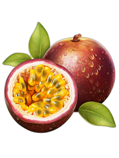 A realistic illustration of passion fruit cut in half with the seeds inside, vibrant colors, black background, high resolution