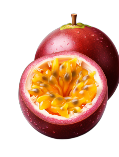 A realistic illustration of passion fruit cut in half, with its seeds visible inside and the vibrant red color on black background.