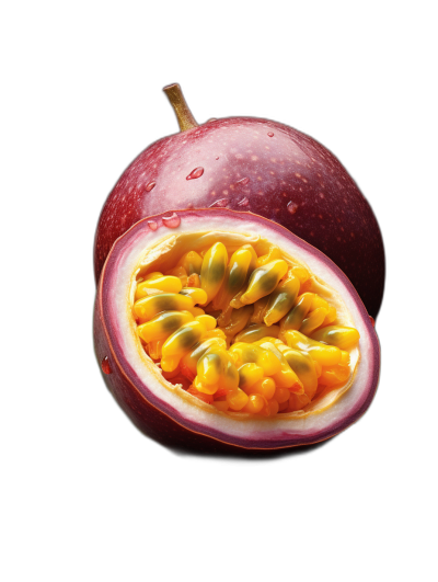 A passion fruit cut in half, suspended on the air with black background, isolated photography, macro shot by Hasselblad X2D camera and 85mm lens at f/4 aperture setting, ultra realistic photograph of an exotic fresh passion fruits with yellow seeds inside closeup. Dark red maroon color, vibrant colors
