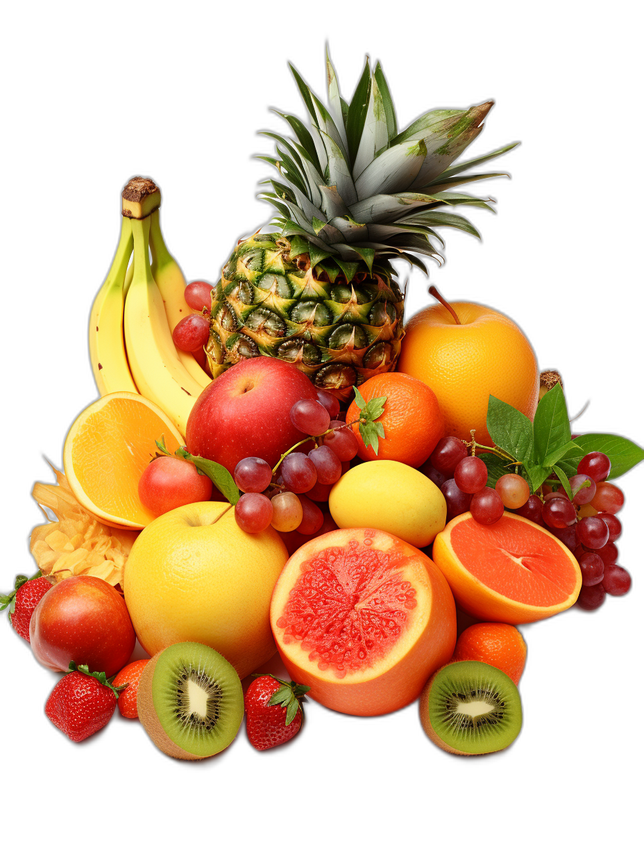 Fruit pile, with a pineapple at the top, surrounded by bananas, oranges, grapes, strawberries, lemons, kiwi fruits, grapefruits, mangoes, peaches, and apples. Black background. High resolution photography. Studio portrait. Bright colors. Ultra detailed. Hyper realistic photorealism. Realism. Studio lighting. Black studio backdrop. 35mm lens.