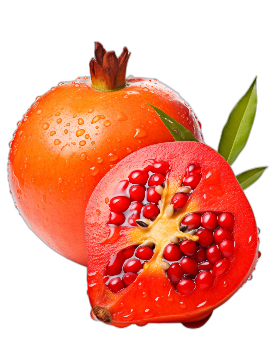 A cut pomegranate with water droplets, cut in half and placed on the right side of an orange fruit, isolated against black background, high resolution, realistic photography, stock photo