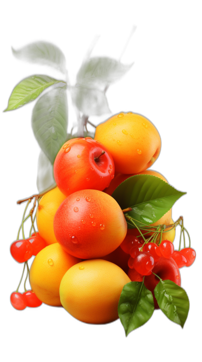 fruits such as apricots and cherries in the style of digital art, with a black background, hyperrealistic water drops, green leaves, isolated on a white background, a yellow fruit with a red cherry, digital artwork depicting an applecore, captured with a sony alpha A7R IV camera, featuring bright orange colors and vibrant hues.