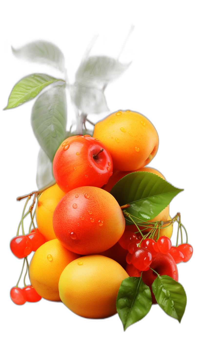 fruits such as apricots and cherries in the style of digital art, with a black background, hyperrealistic water drops, green leaves, isolated on a white background, a yellow fruit with a red cherry, digital artwork depicting an applecore, captured with a sony alpha A7R IV camera, featuring bright orange colors and vibrant hues.