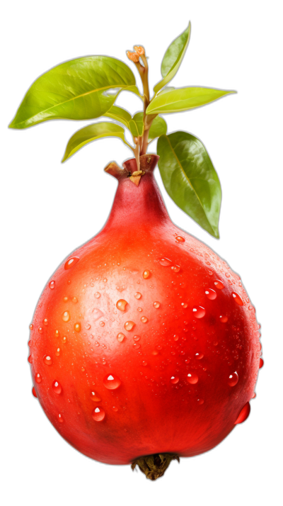 A pomegranate with water droplets on it, with leaves and branches growing from the top of its stem. Isolated object against a black background. High resolution photography, high quality, detailed, professional lighting, realistic photo, isolated, PNG file.