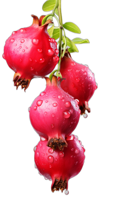 Pomegranate, red pinks with water droplets hanging on the branch, black background, high definition photography