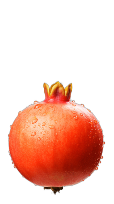 A pomegranate with water droplets on it, on an isolated black background, in an ultra realistic photographic style.