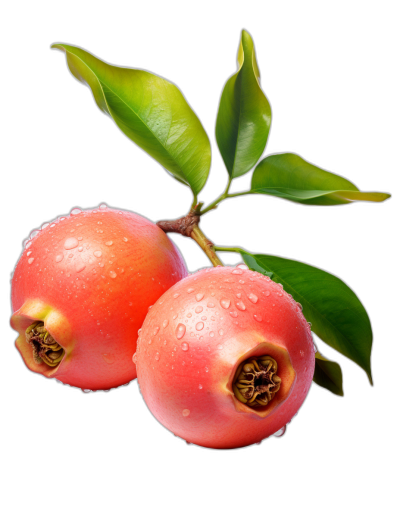 two pomegranate fruits on the branch with green leaves, water drops isolated black background, photo realistic