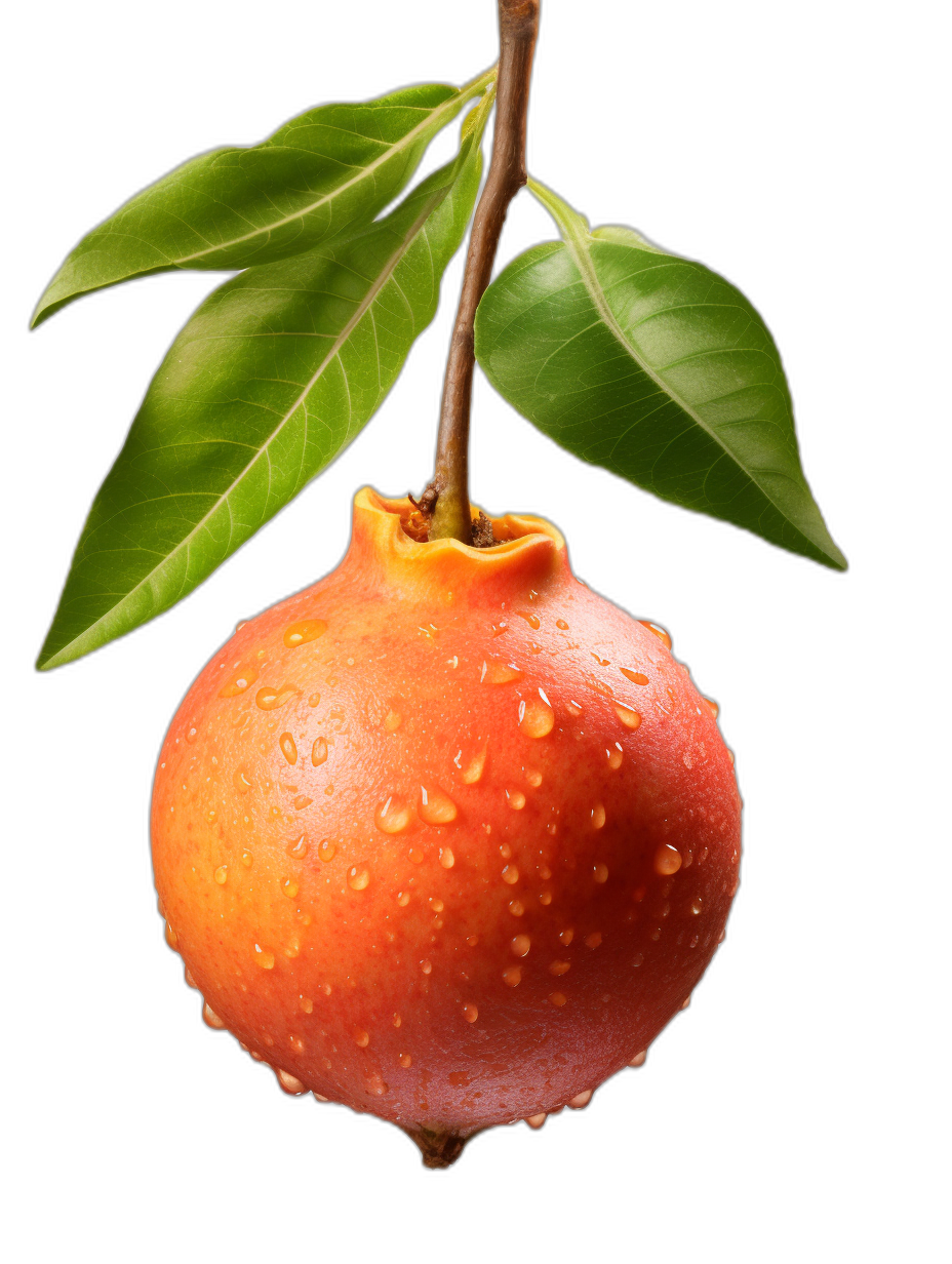 A single pomegranate hanging from the branch with water droplets on it, with green leaves behind and a black background. High resolution photography in the style of Whitefish Studio. The fruit is orange red and has a rough skin texture. It’s hanging upside down. A full body shot.