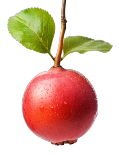 A red apple with water droplets hanging on the branch, green leaves against a black background in a closeup, high definition photograph.